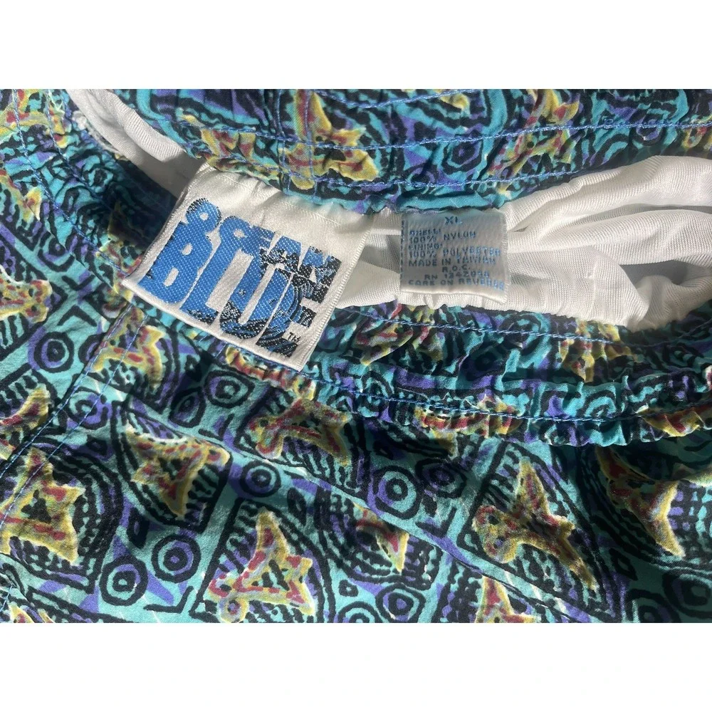 Vintage 90s Ocean Blue Geometric Swim Trunks Shorts Mens Vaporware Retro Surf XL
